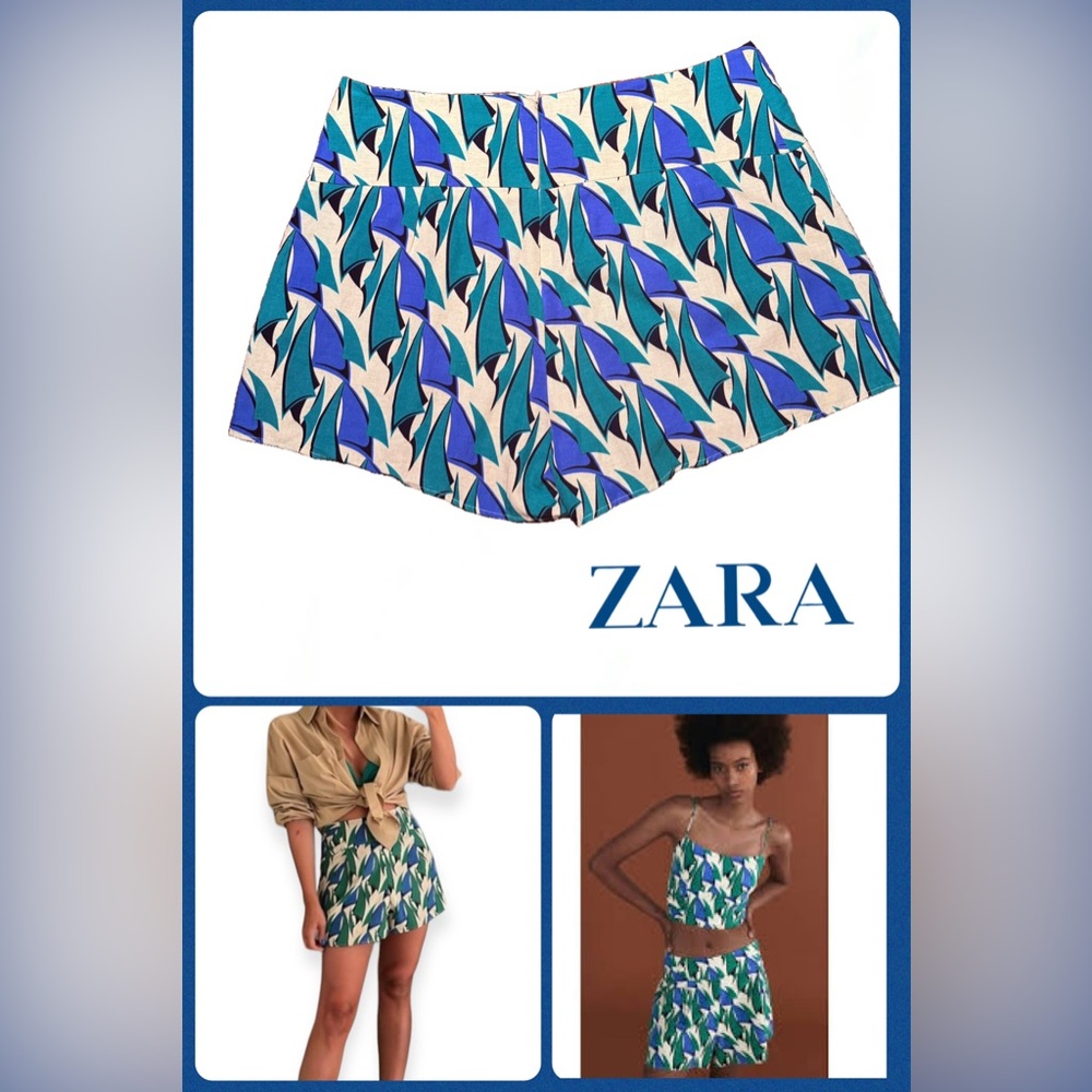 NWT Zara High Waist Blue and Cream Shorts